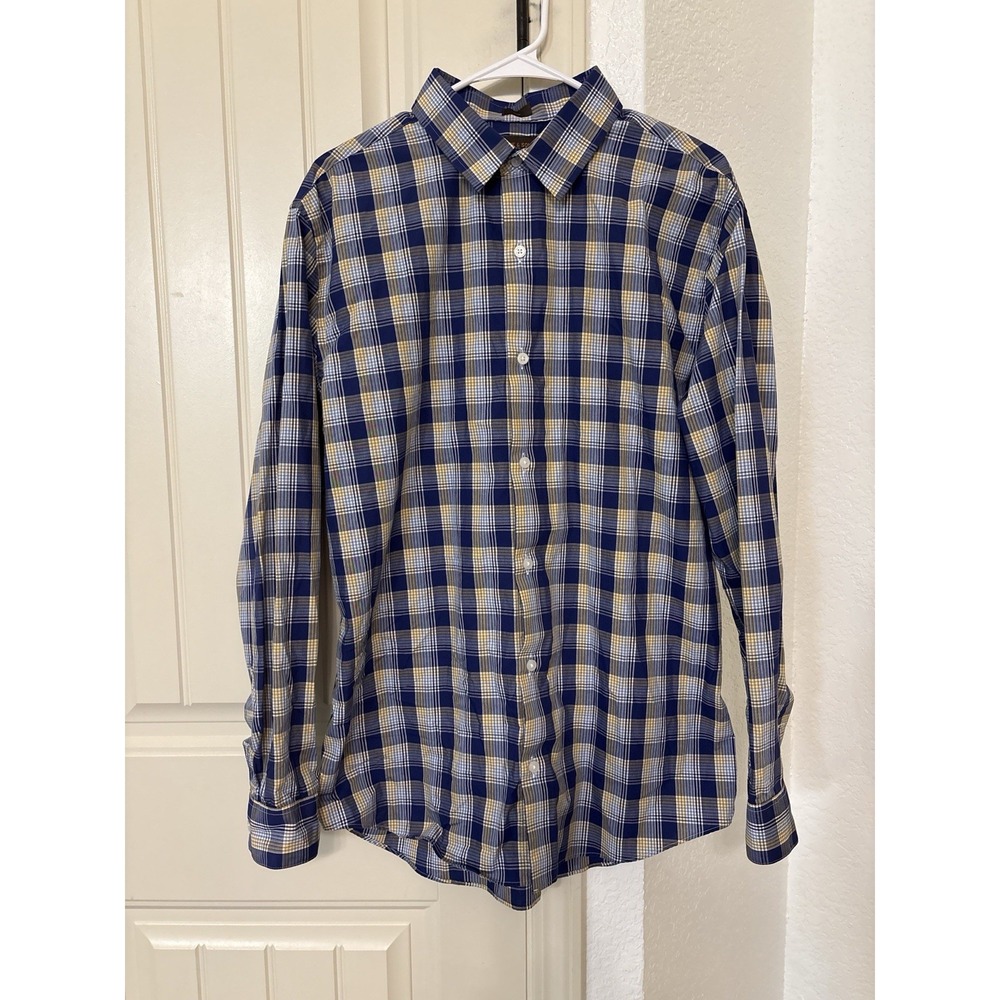 Fairlane‎ & Sons Men's XL Blue Plaid Button Down Shirt Wrinkle Free Slim Fit
